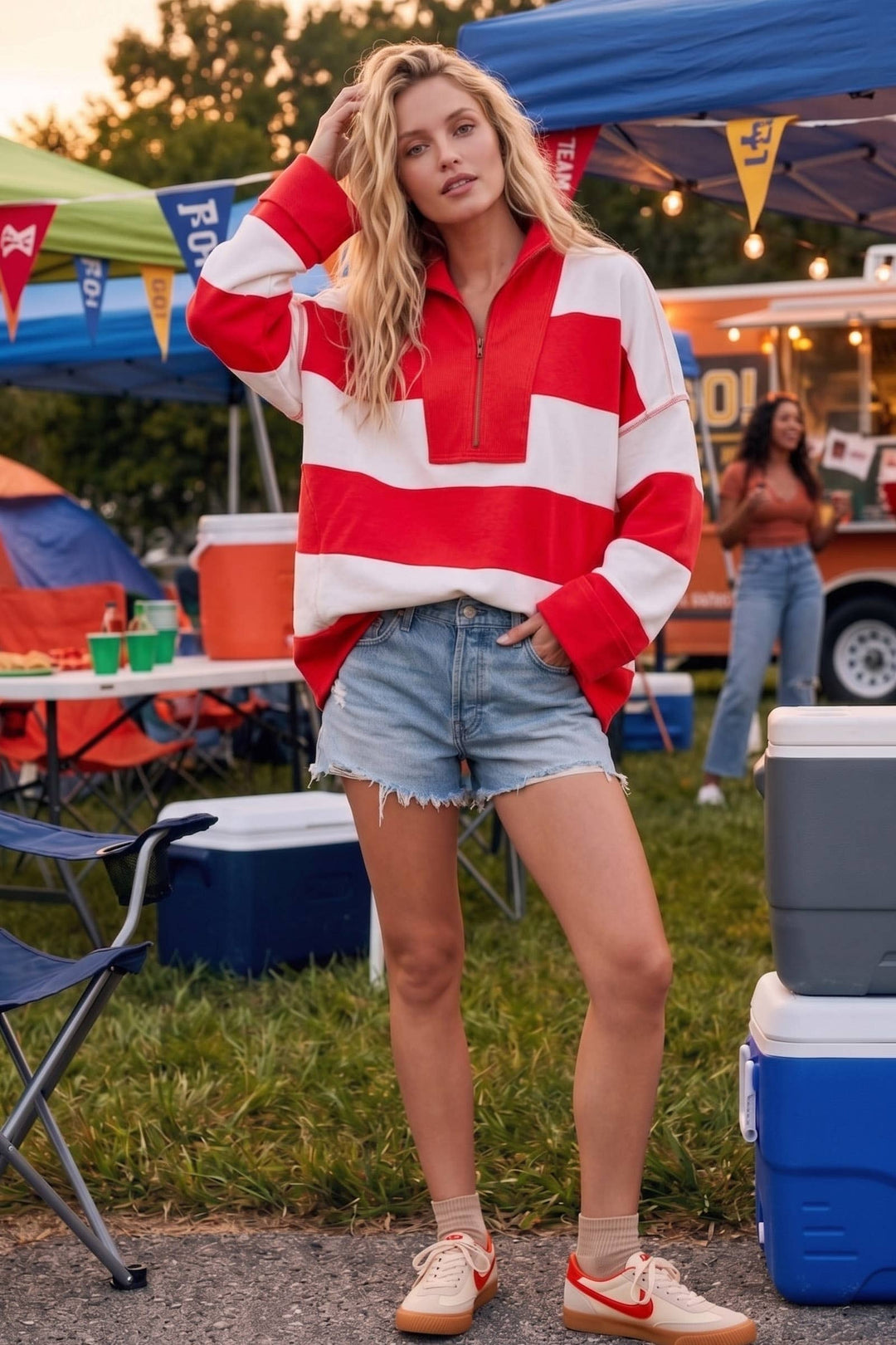 Varsity Stripe Oversized Zip Pullover - Red/Black
