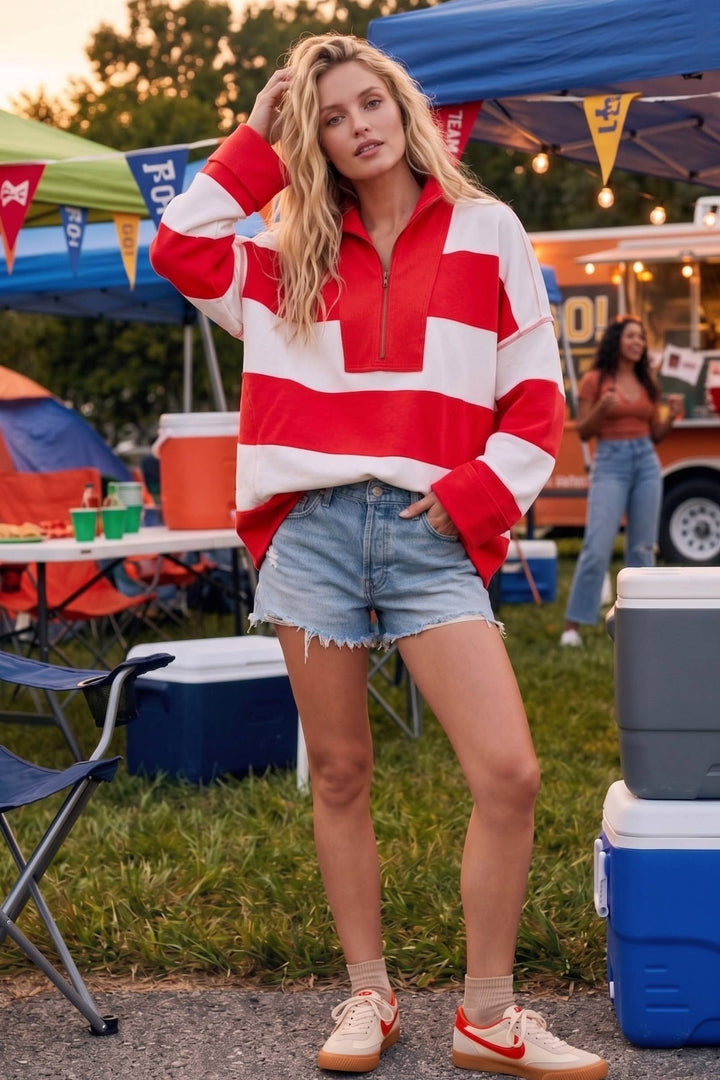 Varsity Stripe Oversized Zip Pullover - Red/Black