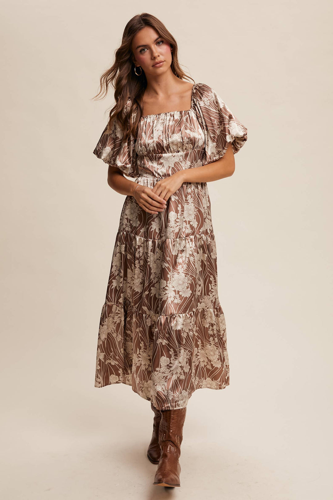 Enchanted Satin Blossom Puff Sleeve Midi Dress