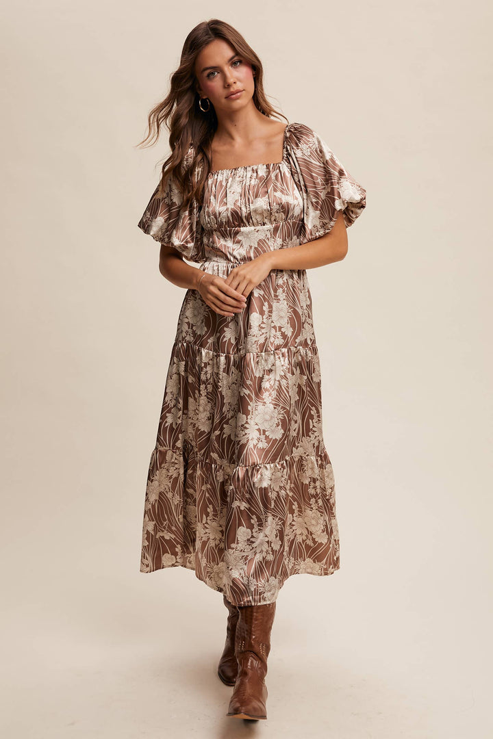 Enchanted Satin Blossom Puff Sleeve Midi Dress