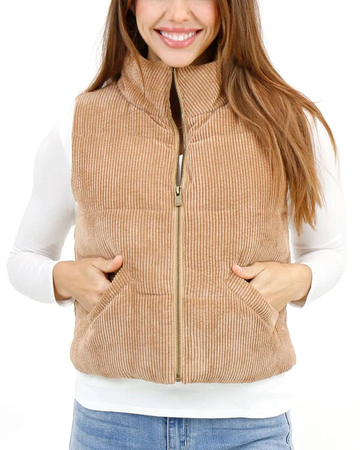 Grace and Lace Corduroy Puffer Vest in Camel