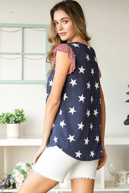 Butterfly Sleeve Flag Theme Top With Round Hem