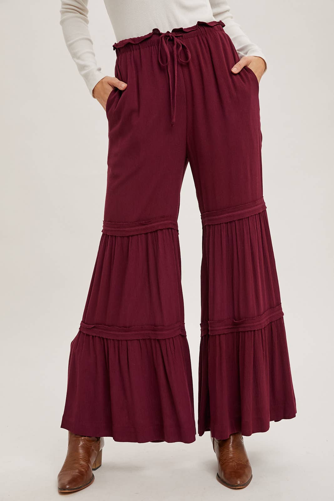 DRAWSTRING WAIST TIERED PALAZZO PANTS