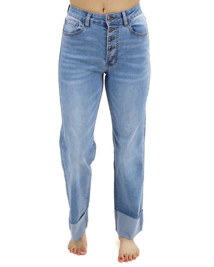 Straight Leg Cuffed Jeans In Mid-Wash