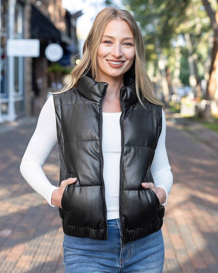 Grace and Lace Butter Faux Leather Puffer Jacket/Vest in Black