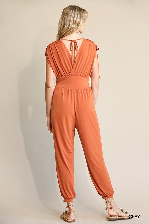 Solid & Ruched Drawstring Detail Jogger Jumpsuit- In Clay