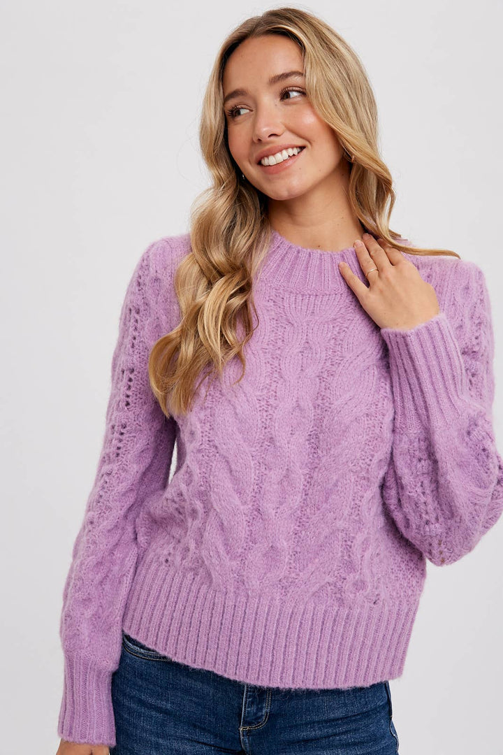 PUFF SLEEVES CABLE PULLOVER-Lavender