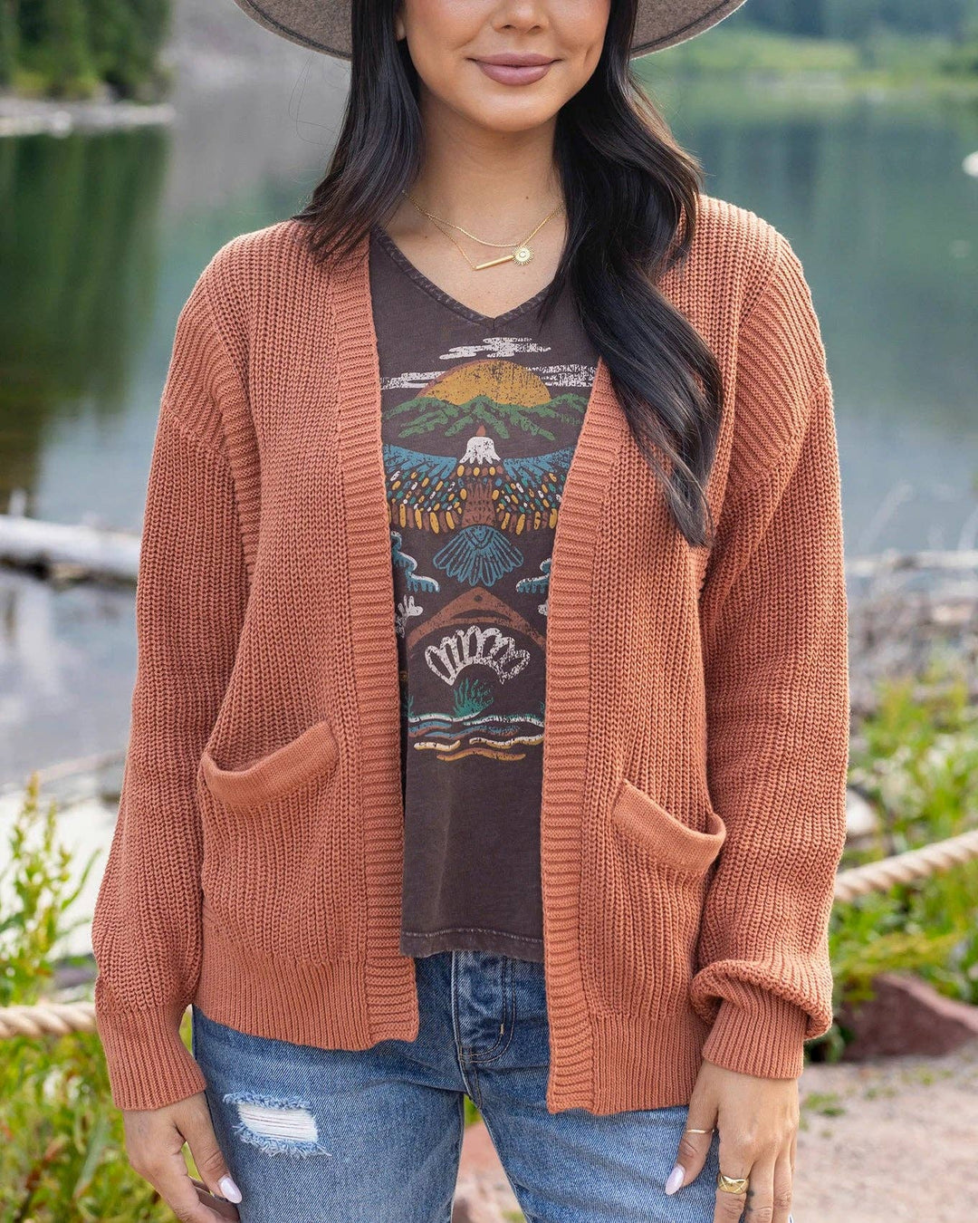 Slouchy Knit Pocket Cardigan In Baked Pumpkin