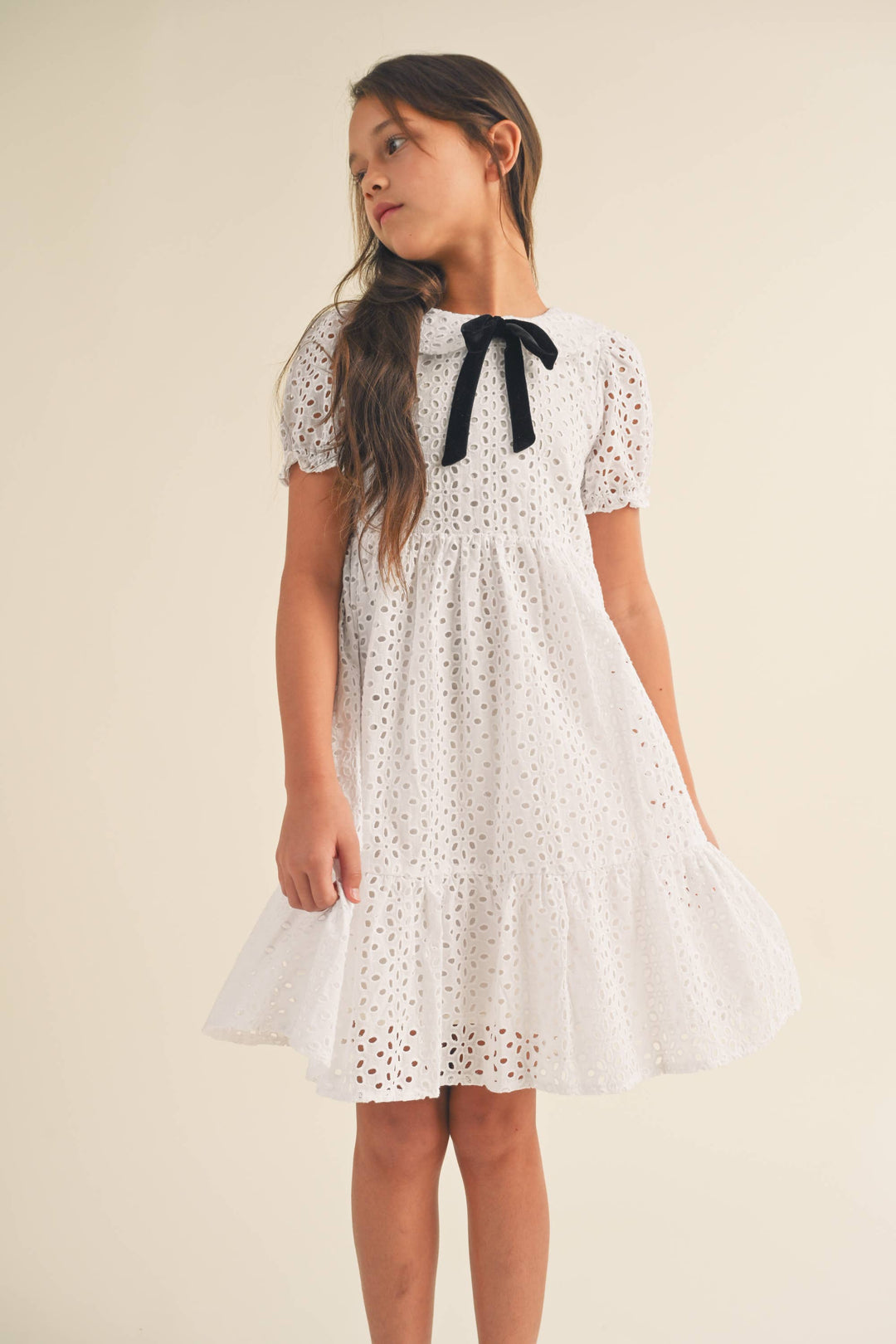 GIRLS EYELET DRESS WITH PUFF SLEEVES