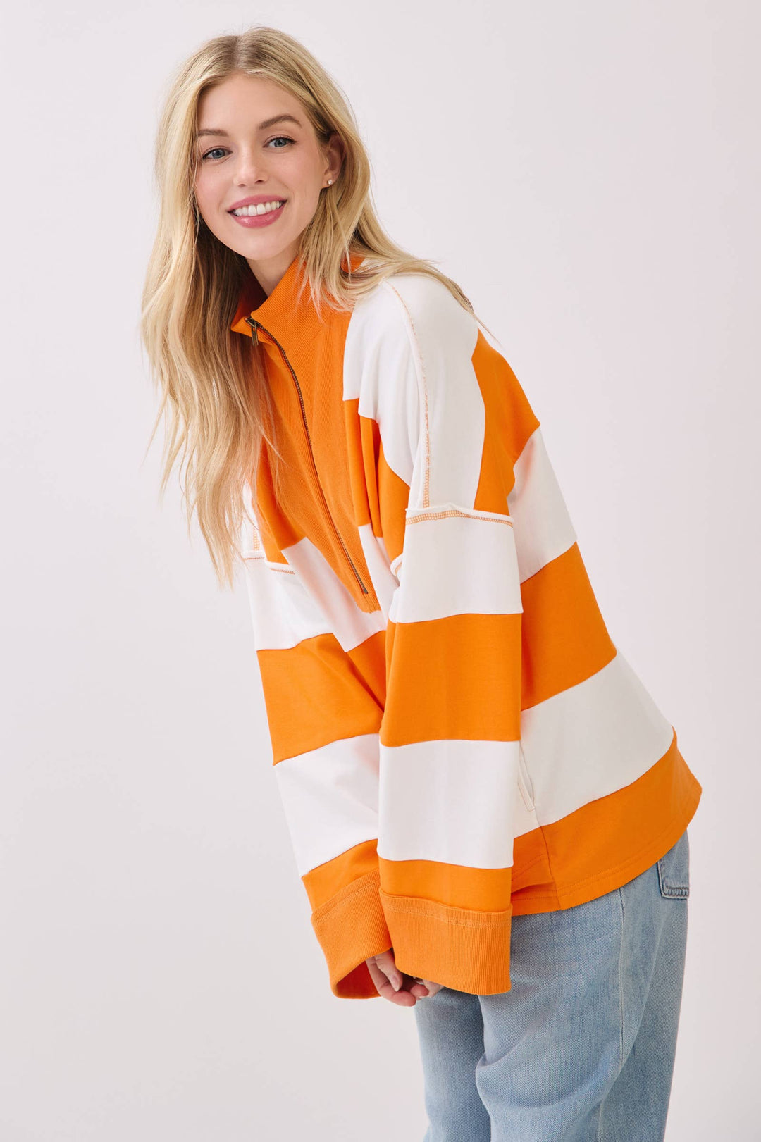 Varsity Stripe Oversized Zip Pullover - Red/Black