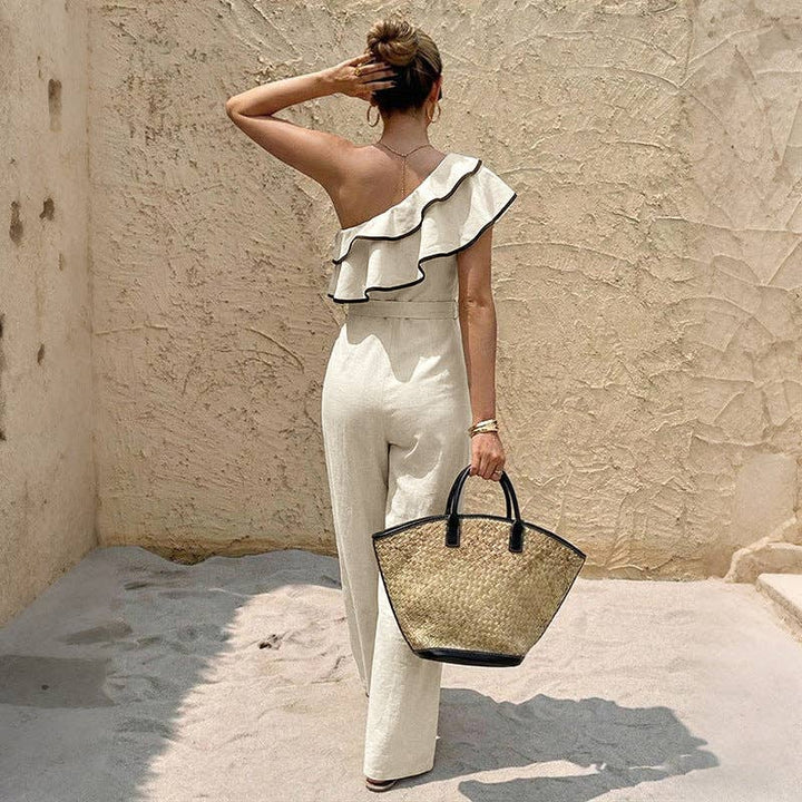 Women One Shoulder Ruffle Wide Leg Jumpsuit - Light Khaki