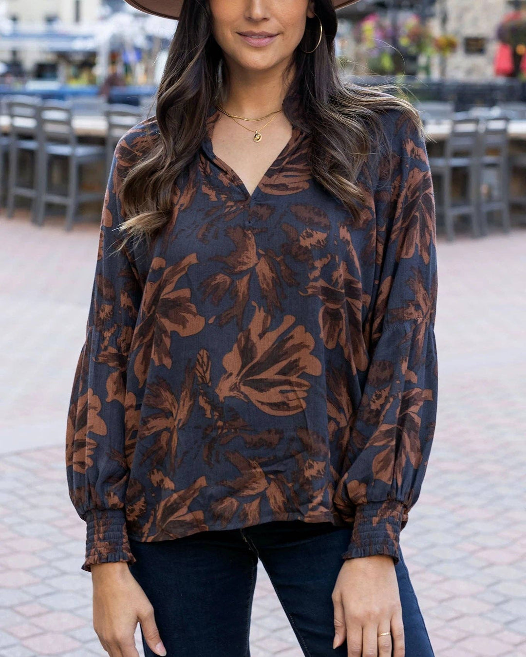 Boho Smocked Top in Espresso Floral