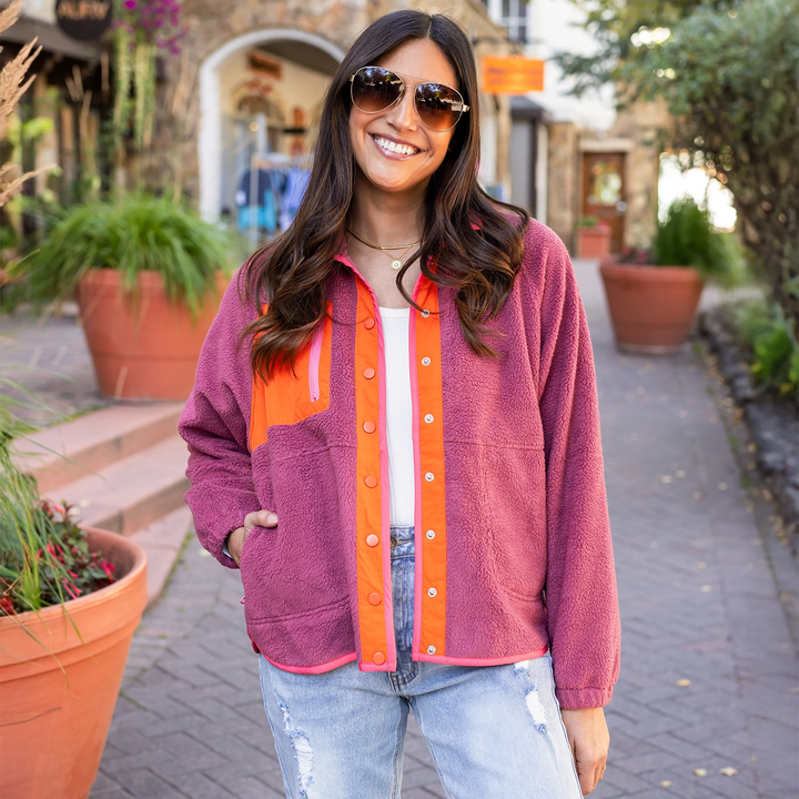 Colorblock Fleece Jacket in Berry-Orange