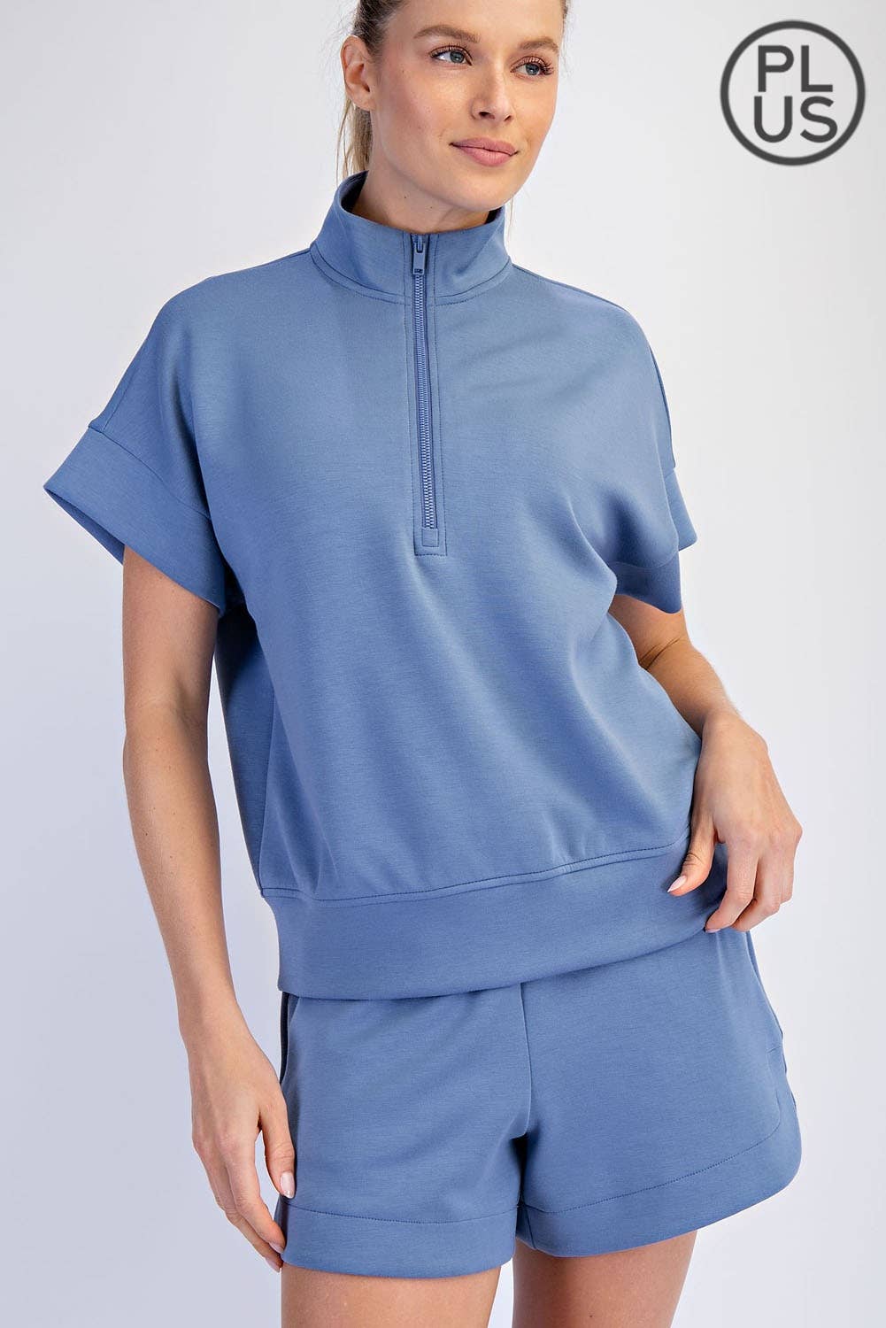 RAE MODE PLUS SIZE MODAL SCUBA QUARTER ZIP SHORT SLEEVE TOP