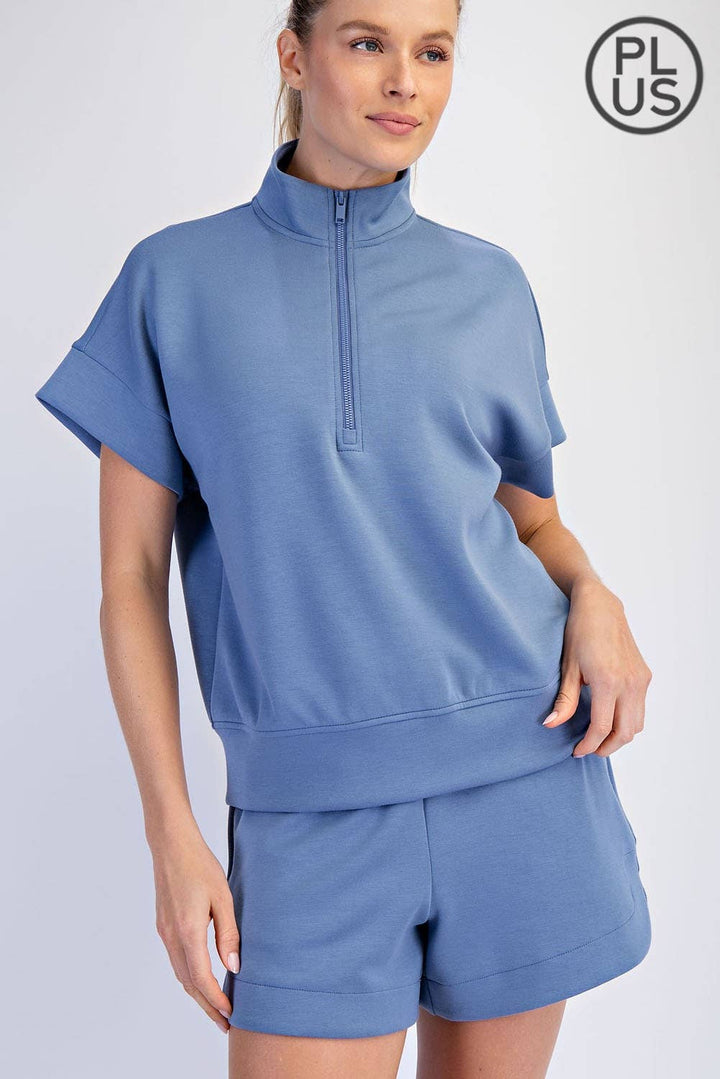 RAE MODE PLUS SIZE MODAL SCUBA QUARTER ZIP SHORT SLEEVE TOP