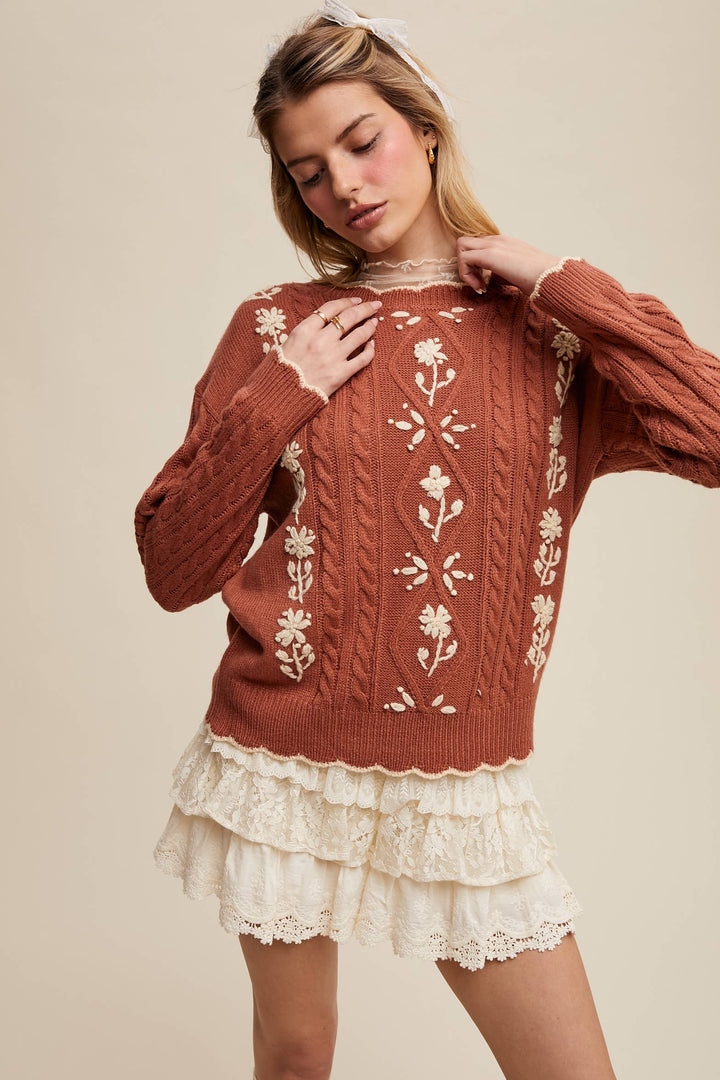 Autumn Garden Cable Knit Sweater in Terracotta