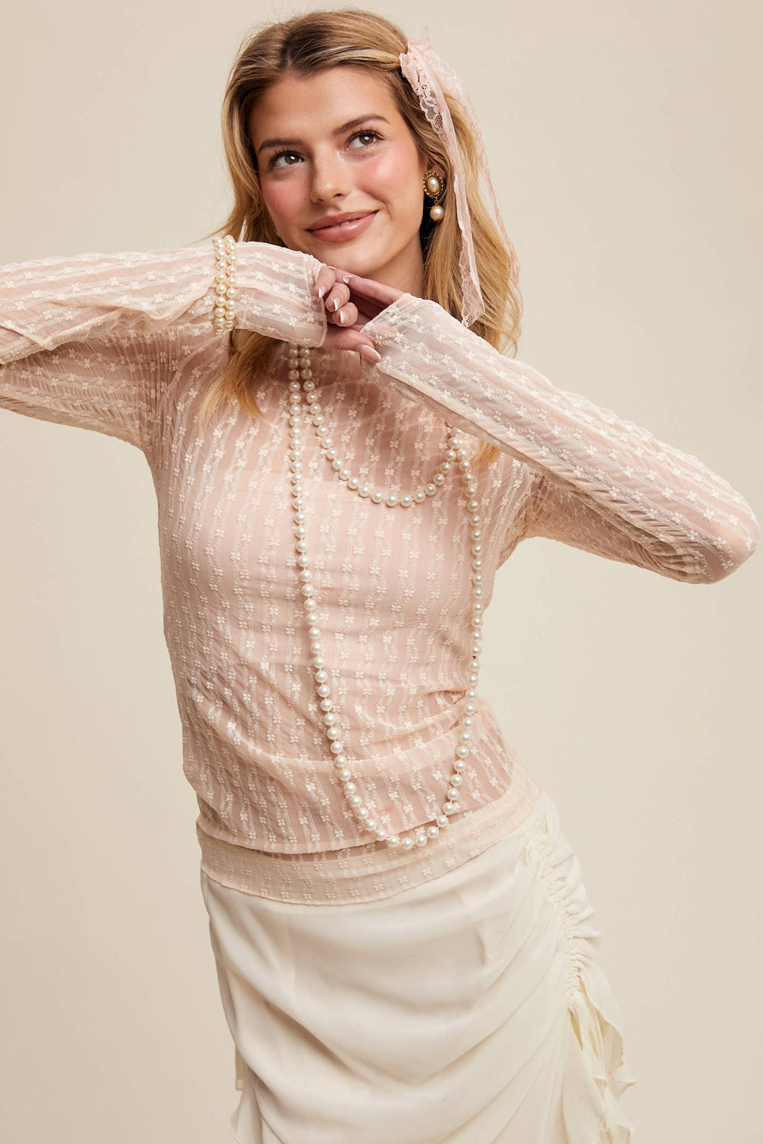 Semi Sheer Textured Lace Layering Top - Light Blush