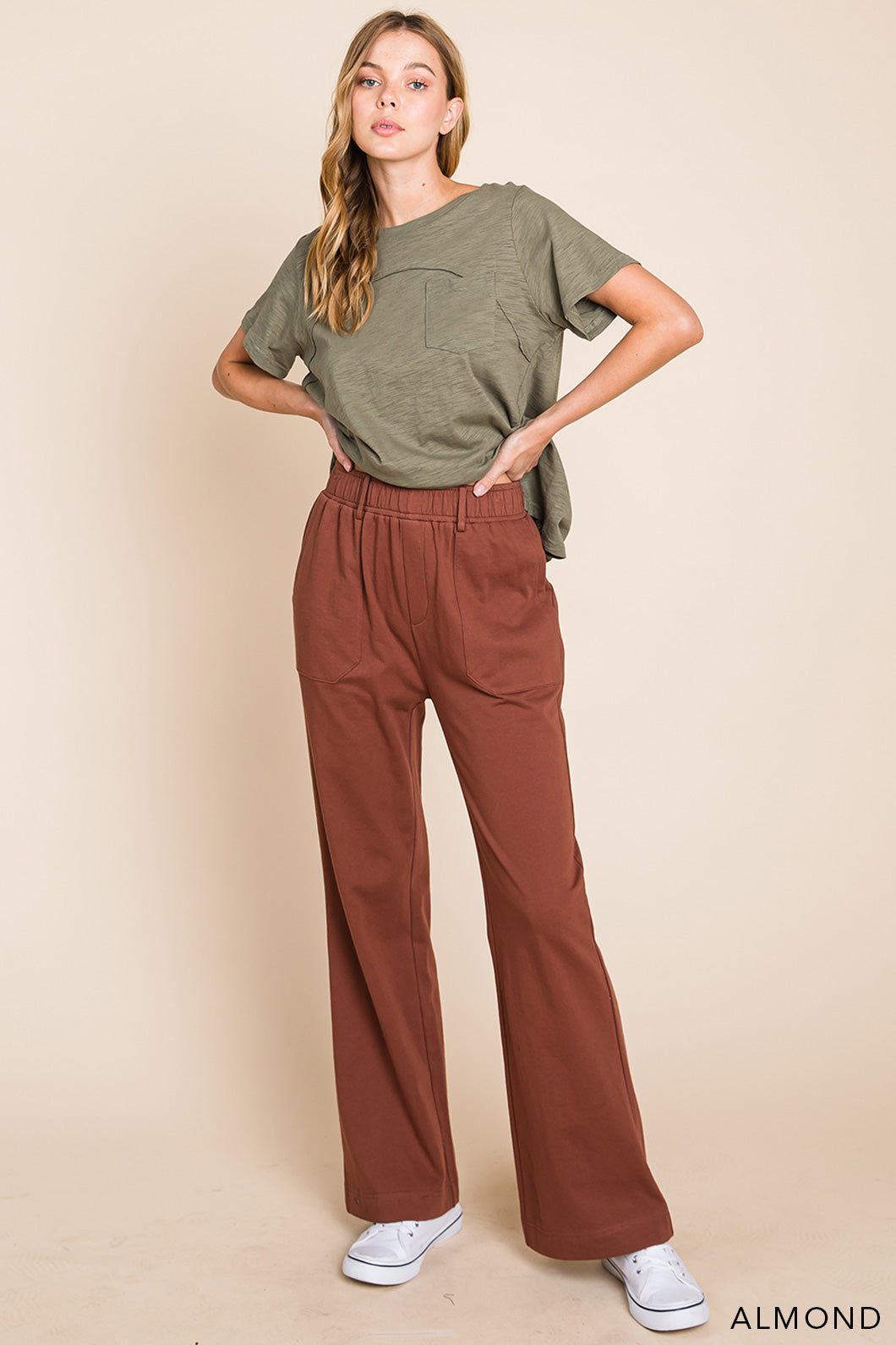 Cotton Bleu Washed Cotton French Terry Casual Pants - Almond Rust