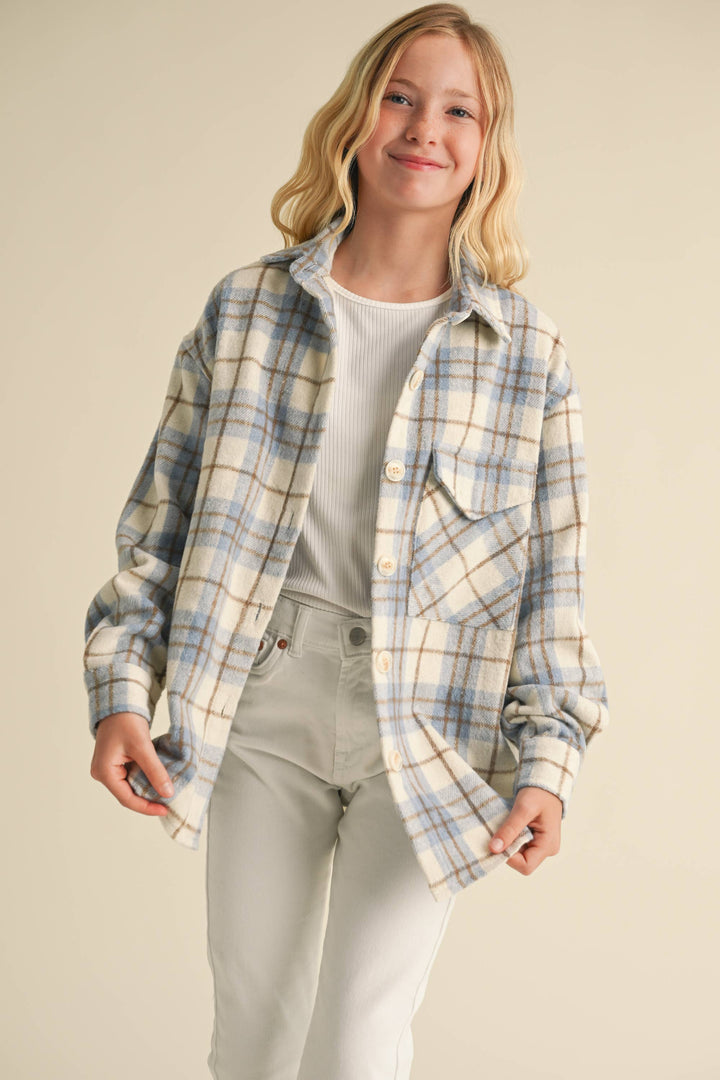 GIRLS BUTTON-UP PLAID SHACKET - Ivory/Lt. Blue