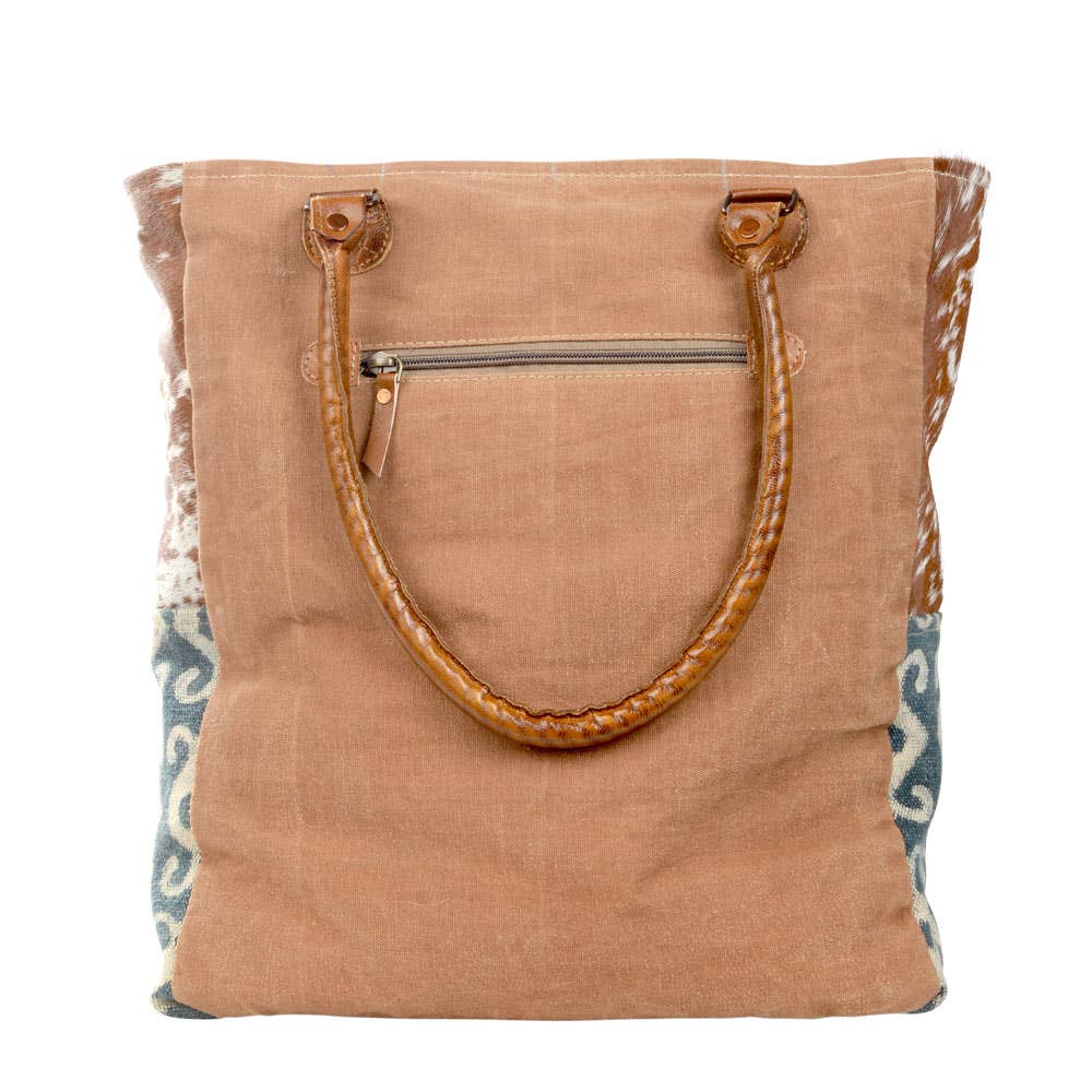 Teal And Brown Tote Bag With Cowhide