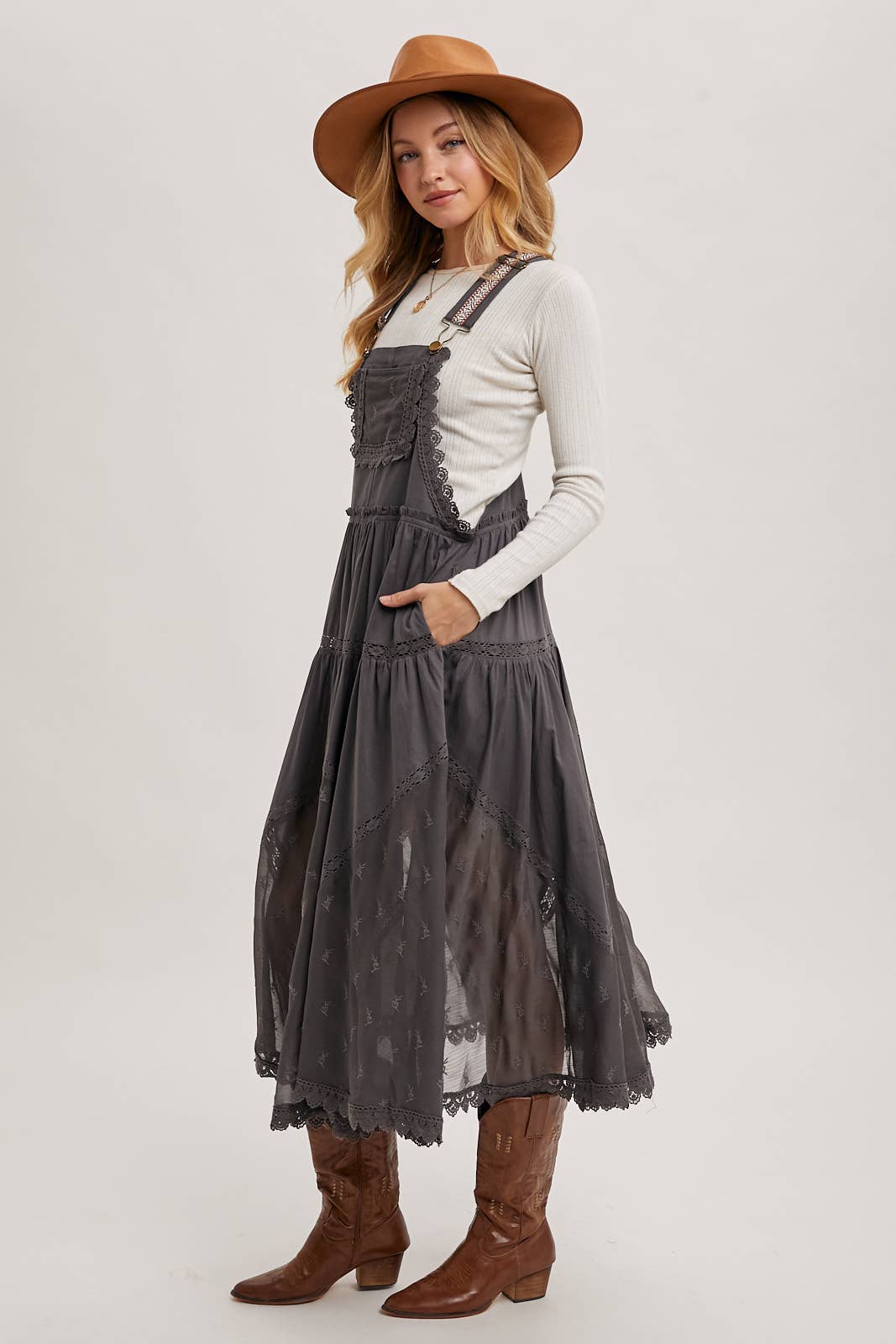 LACE EMBROIDERED TULLE BIB MAXI DRESS