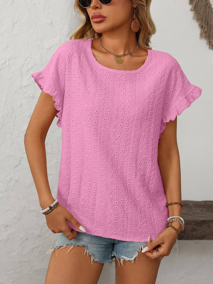 Sweet Short-Sleeve Hollow-Out Top - Pink