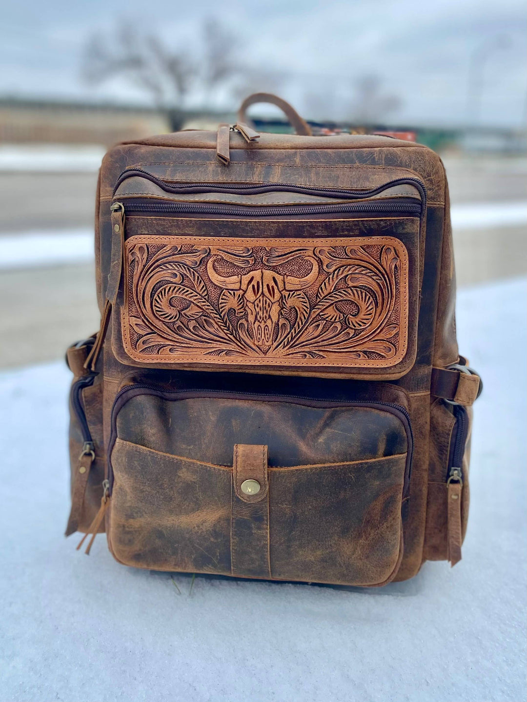 custom leather backpack western Longhorn Vintage Rustic Leather Backpack – Sublime Boutique