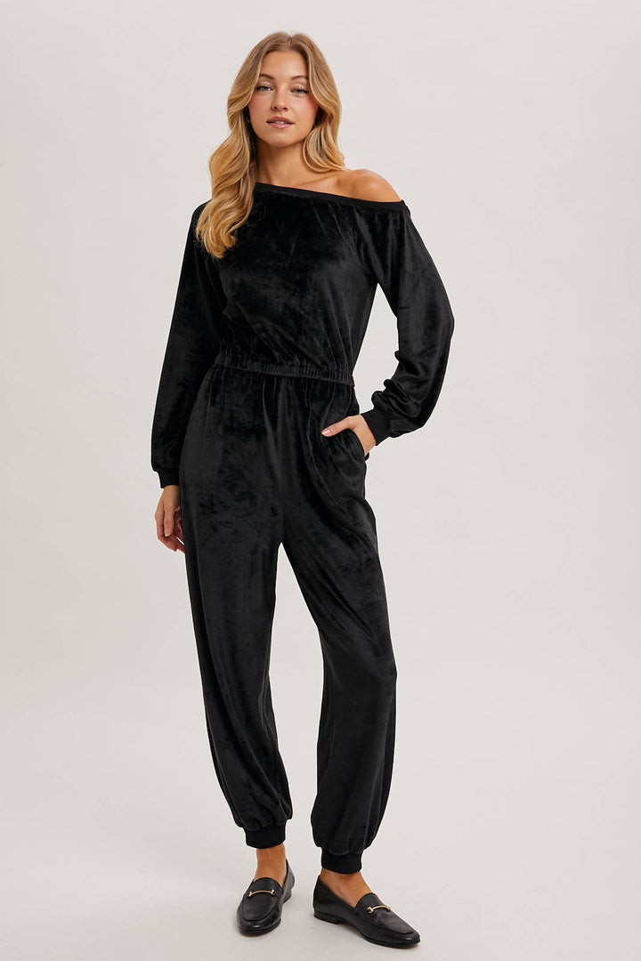 VELVET ONE SHOULDER BOAT NECK JUMPSUIT