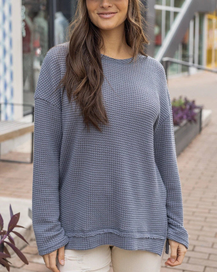 Slouchy Waffle Pullover in Grey