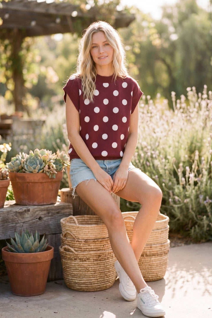Gameday Polka Dot Sleeveless Knit Top - Red/White