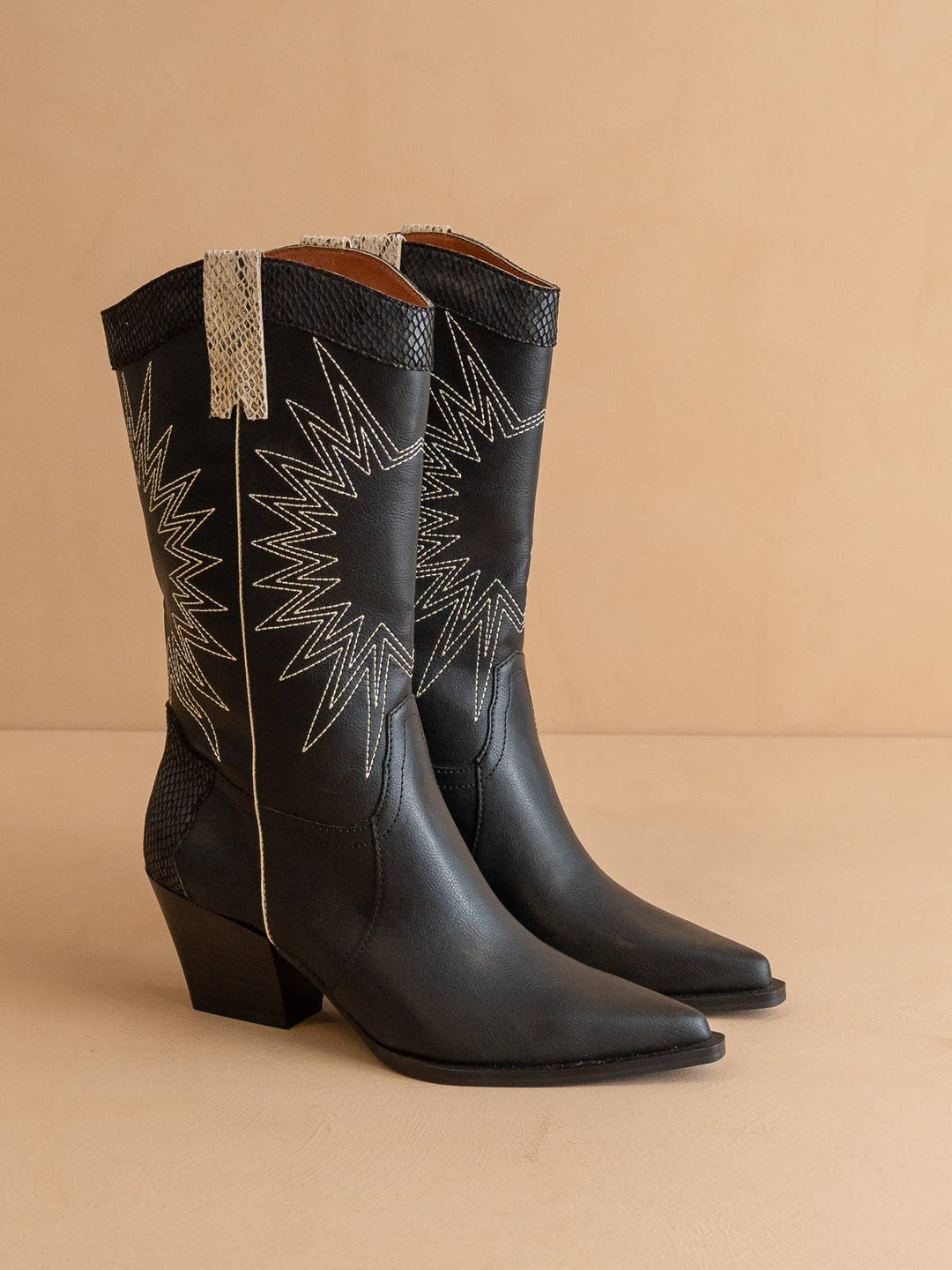 The Halle Black | Paneled Cowboy Western Boot Snake Print