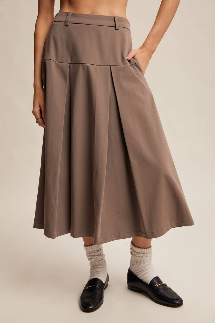 Pleated High-Waisted Midi Skirt - Mocha