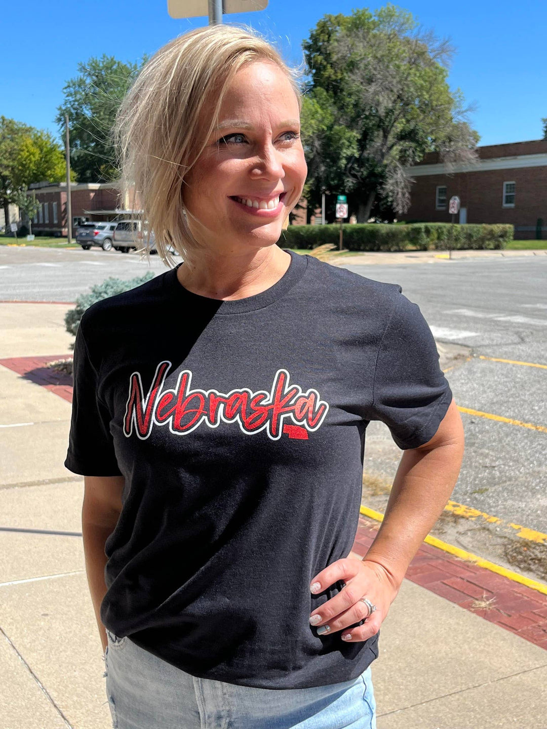 Nebraska State with outline Tee - Black