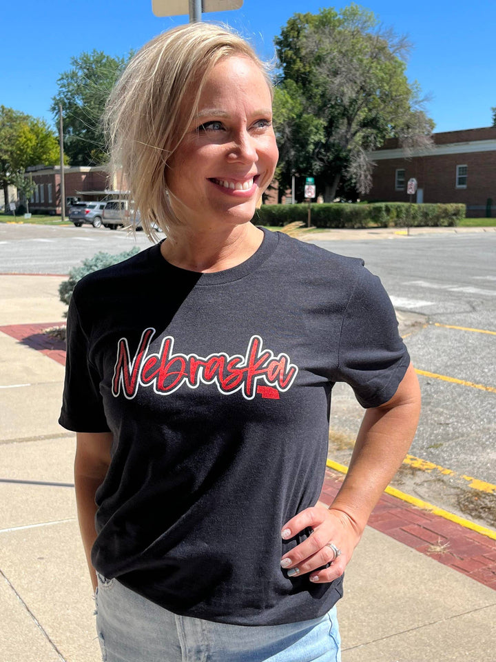Nebraska State with outline Tee - Black
