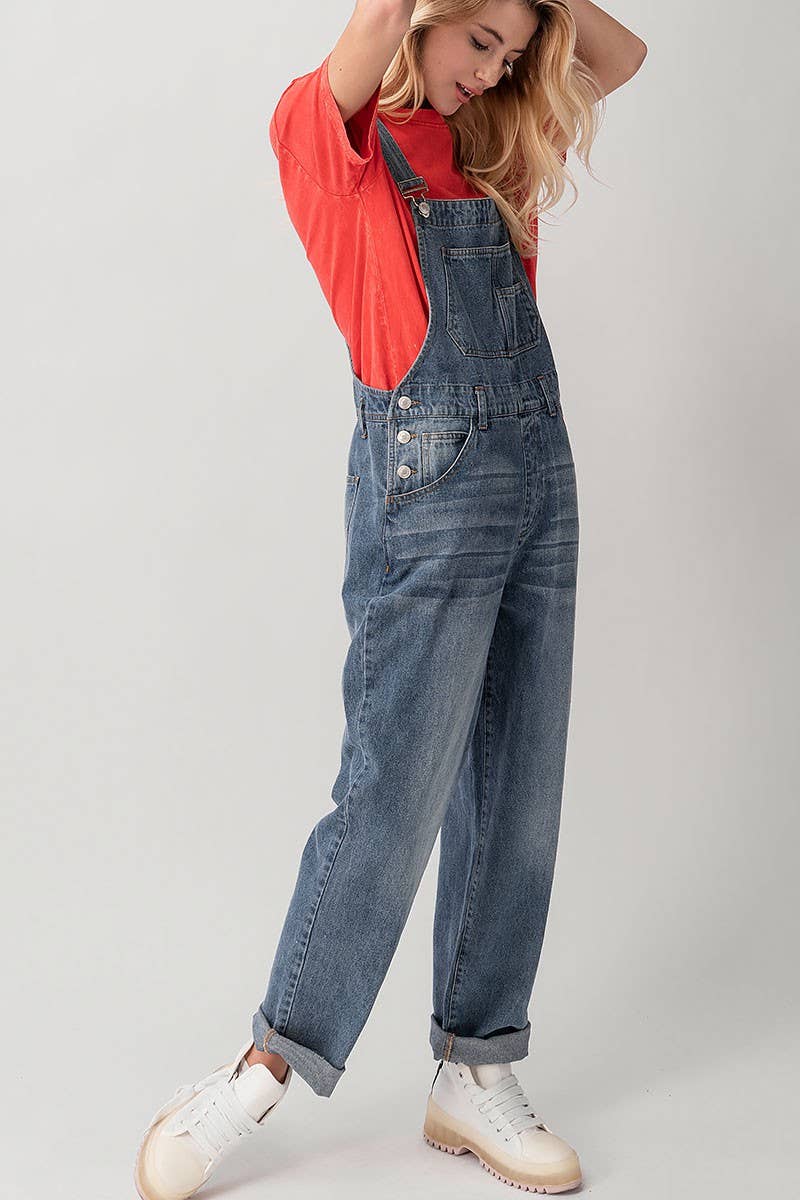 Relaxed Fit Denim Overalls Mid Wash