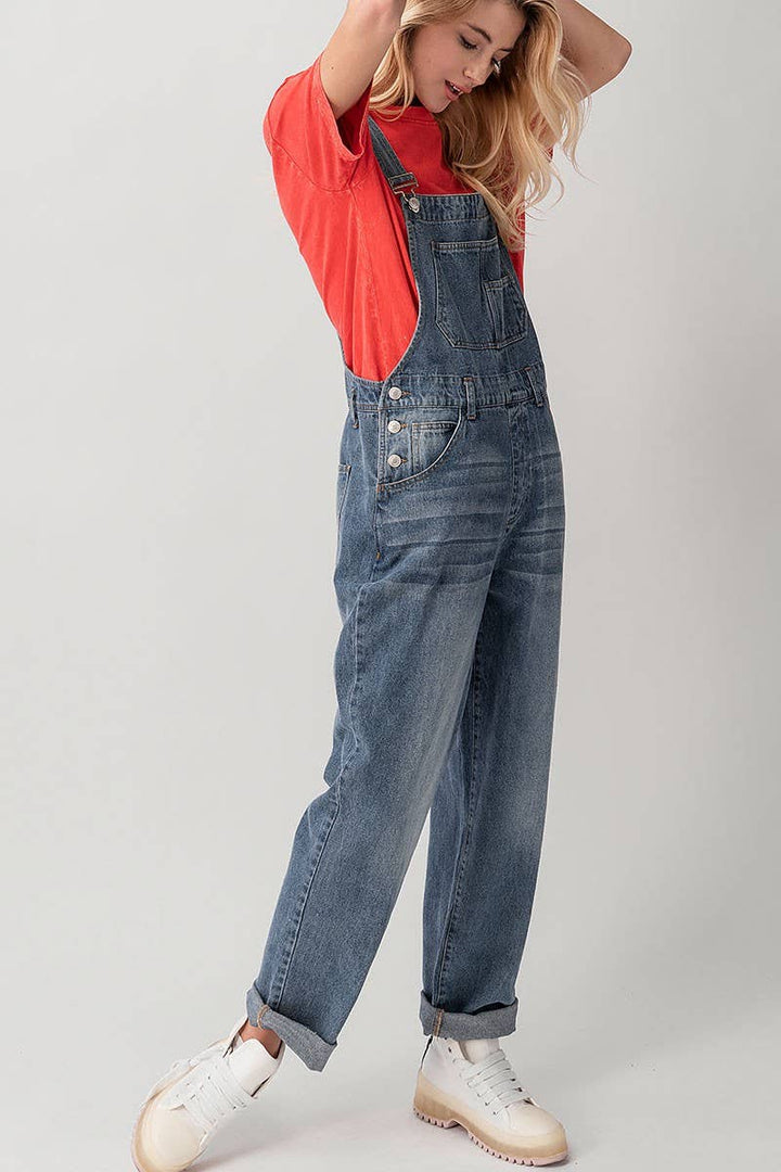 Relaxed Fit Denim Overalls Mid Wash