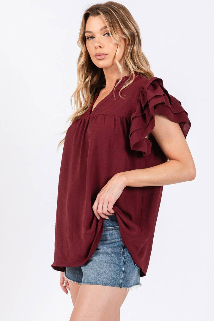 AIRFLOW OVERSIZED RUFFLE SLEEVE BLOUSE - BURGUNDY