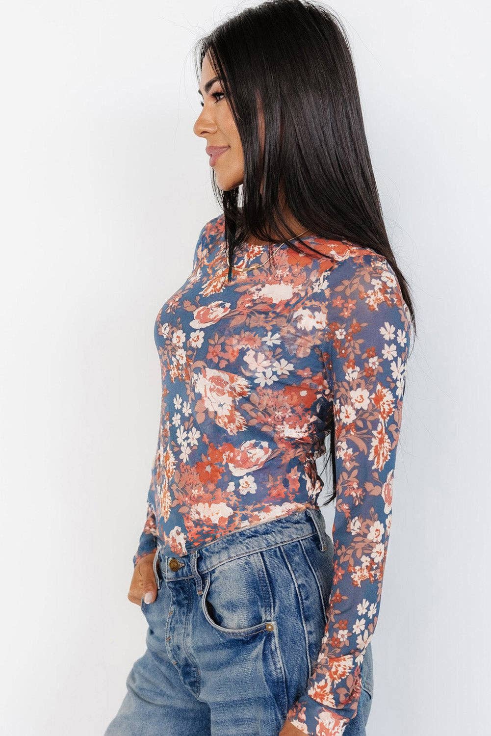 Floral Print Mesh Fitted Long Sleeve Top - Orchid Petal