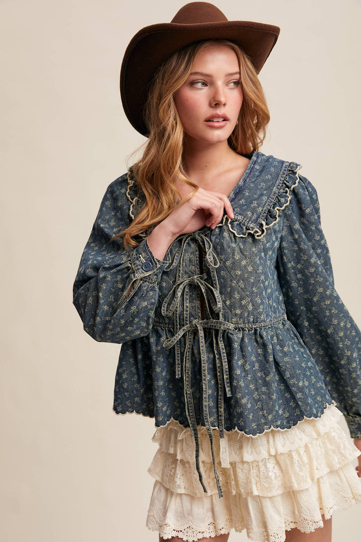 Ruffle Collar Tie-Front Denim Blouse