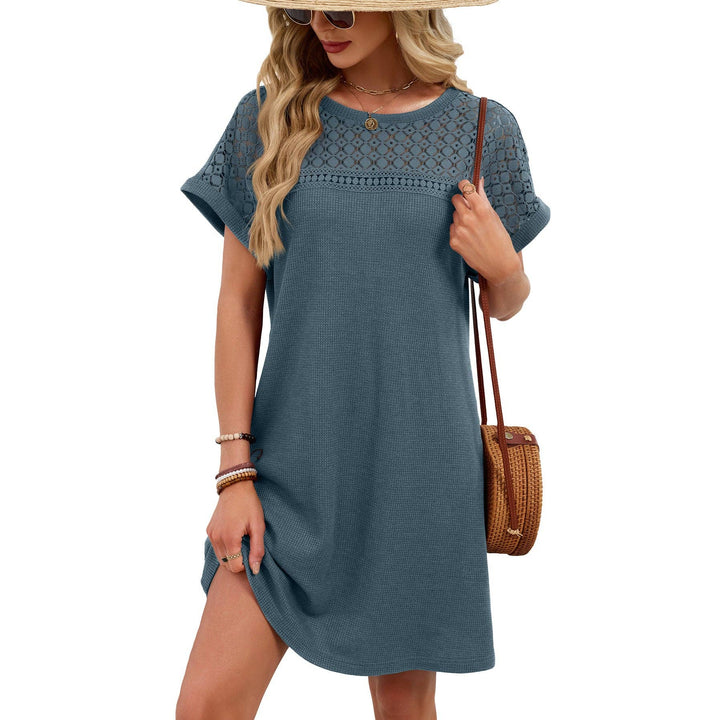 Lace Patchwork Casual Short Sleeve Loose Summer Dress - Blue Gray