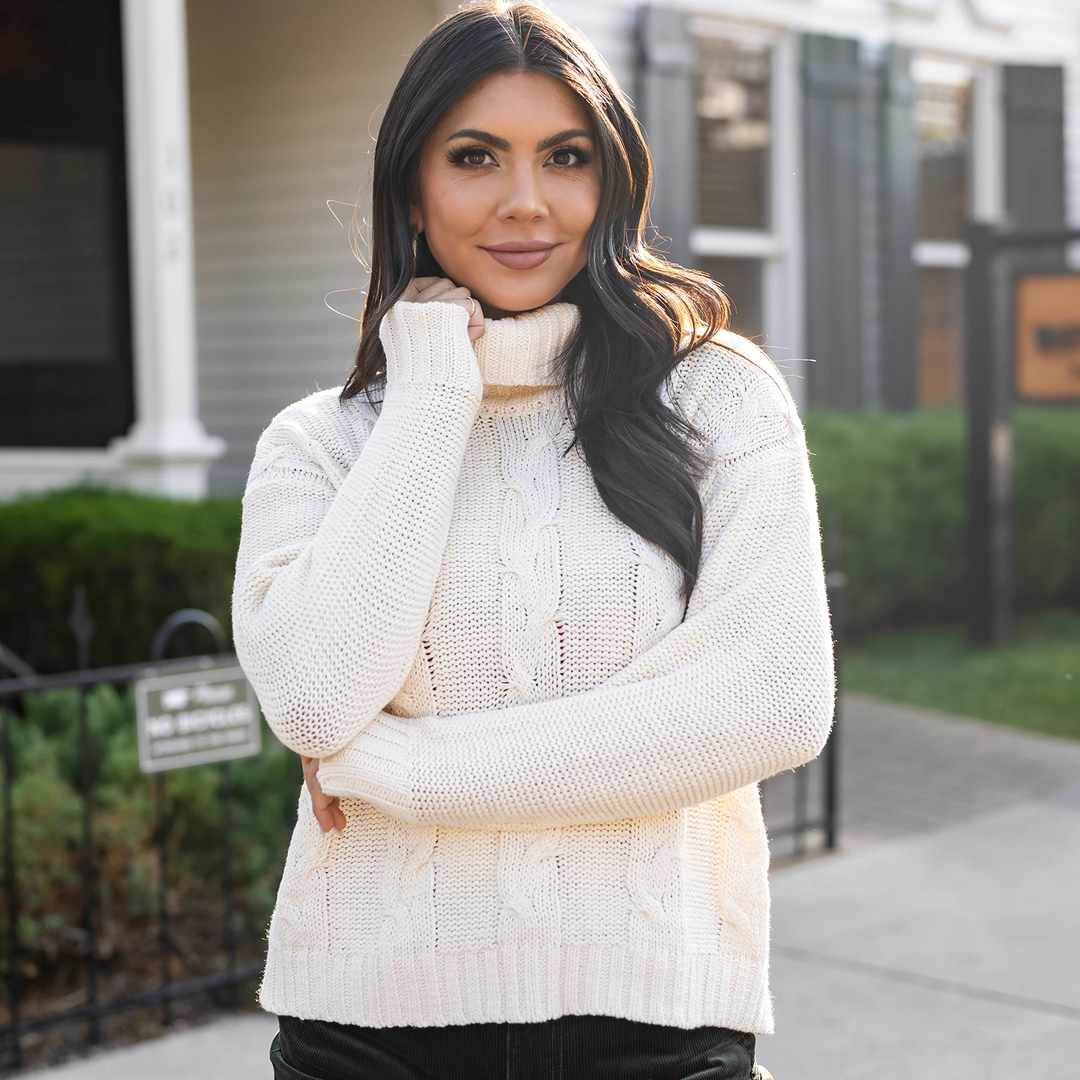 High Neck Cable Knit Sweater in Ivory