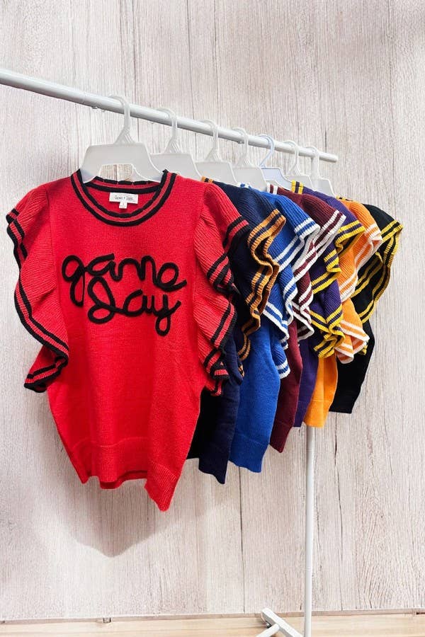 Ruffle Sleeve Varsity Gameday Knit Top -  Red/Black