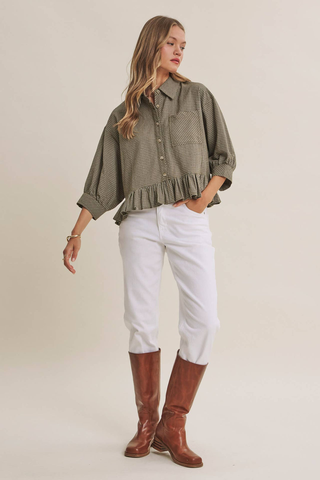 Sunday Stroll Gingham Ruffle Top - Olive