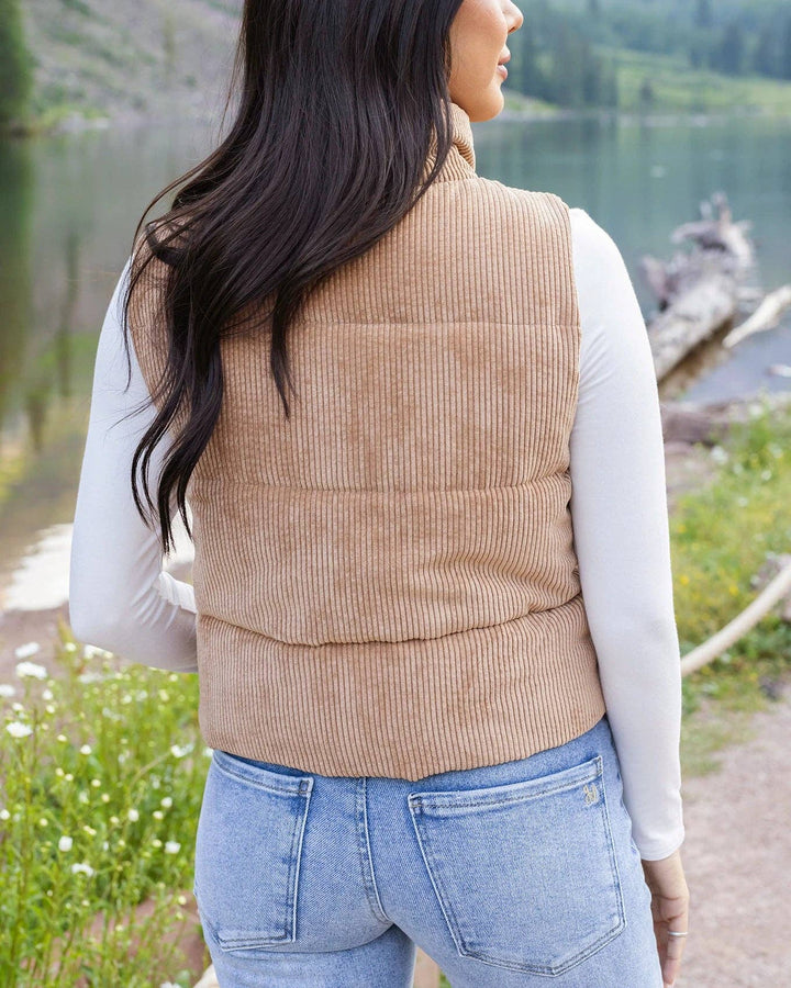 Grace and Lace Corduroy Puffer Vest in Camel