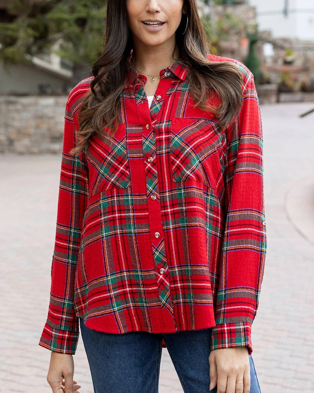 christmas plaid dress shirt Holiday Plaid Victoria Drama Sleeve Shirt - Red/Black