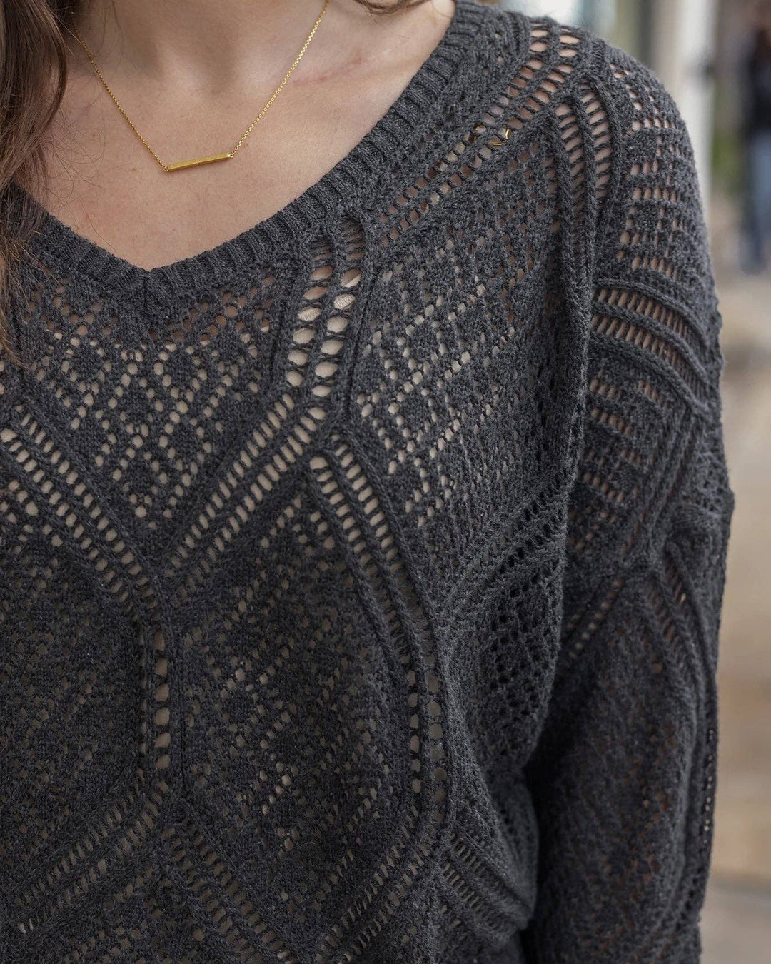 Grace and Lace V-Neck Pointelle Sweater in Charcoal
