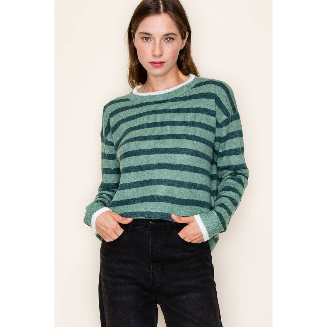 Striped Crew Neck Sweater in Jade