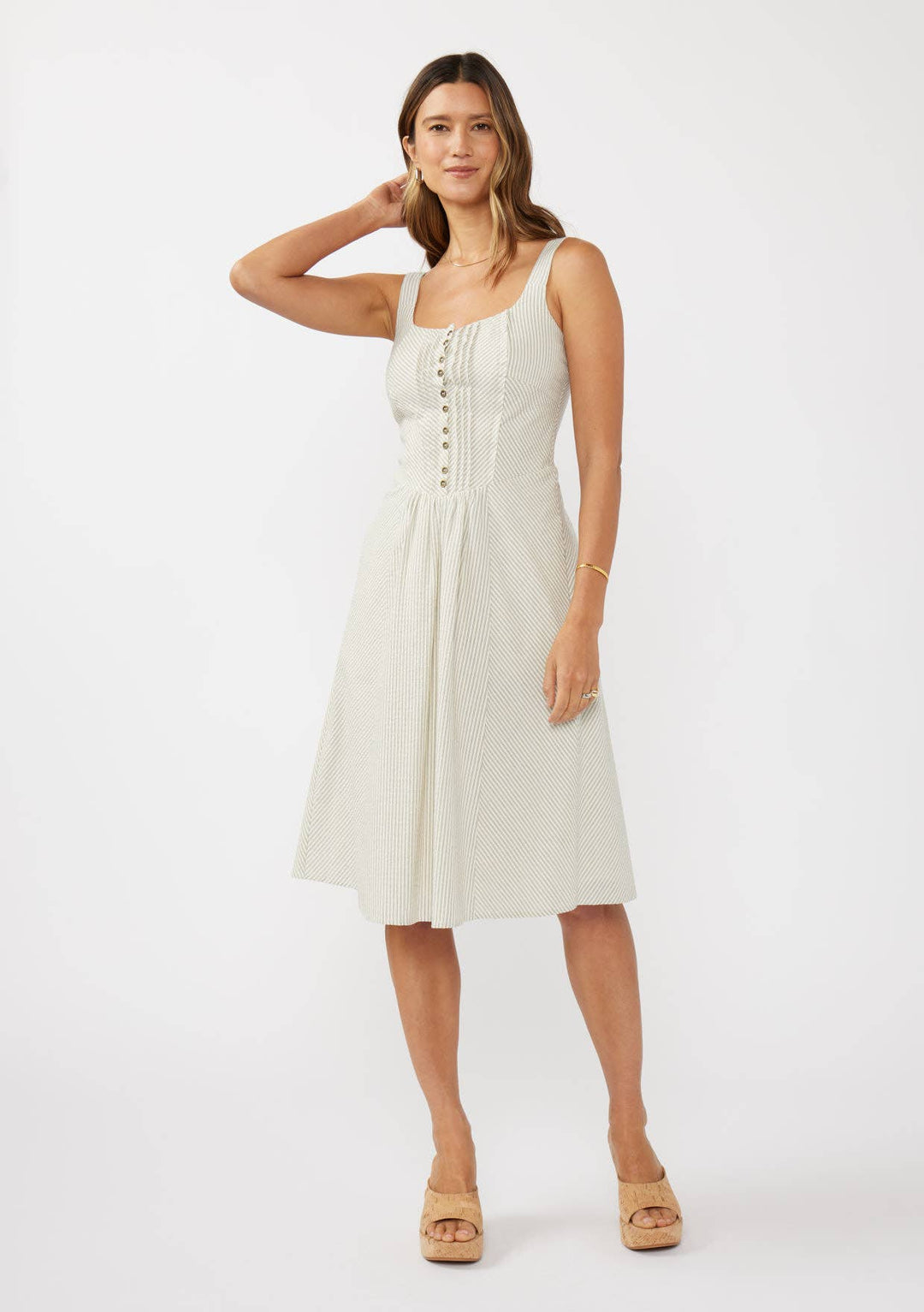 Round Neck Button-Down Corset Midi Dress