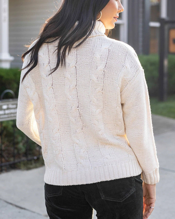 High Neck Cable Knit Sweater in Ivory