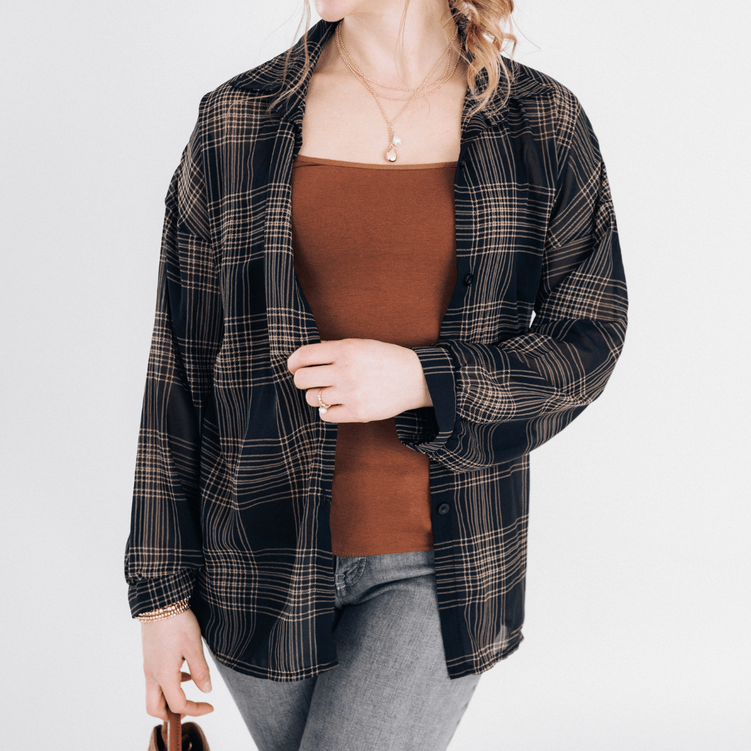 Black Plaid Ice Silk Shirt- Women